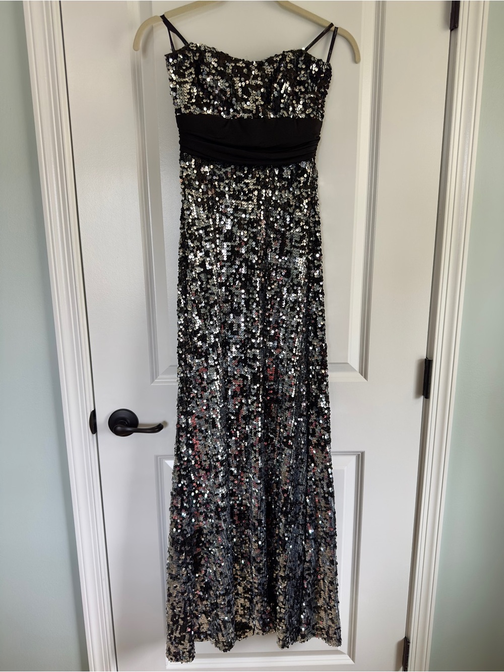 Black Sequin Strapless Evening Gown
